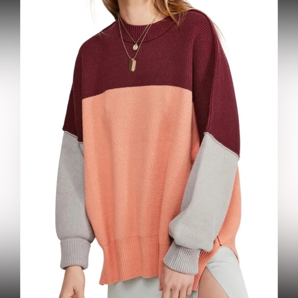 Free People Womens Pullover Color Block Gray Peach Red Oversized Sweater Size S